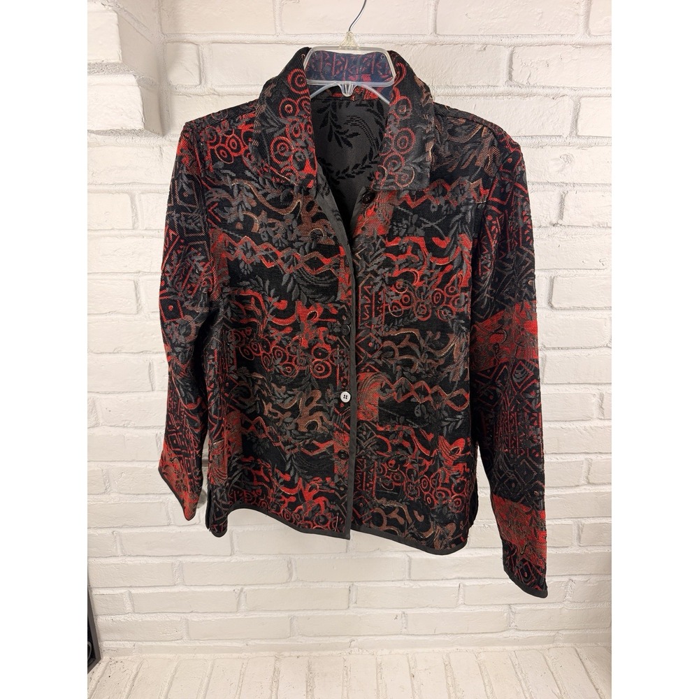 Reversible Tapestry Jacket Red Black Jacquard Floral Geometric Art to Wear M